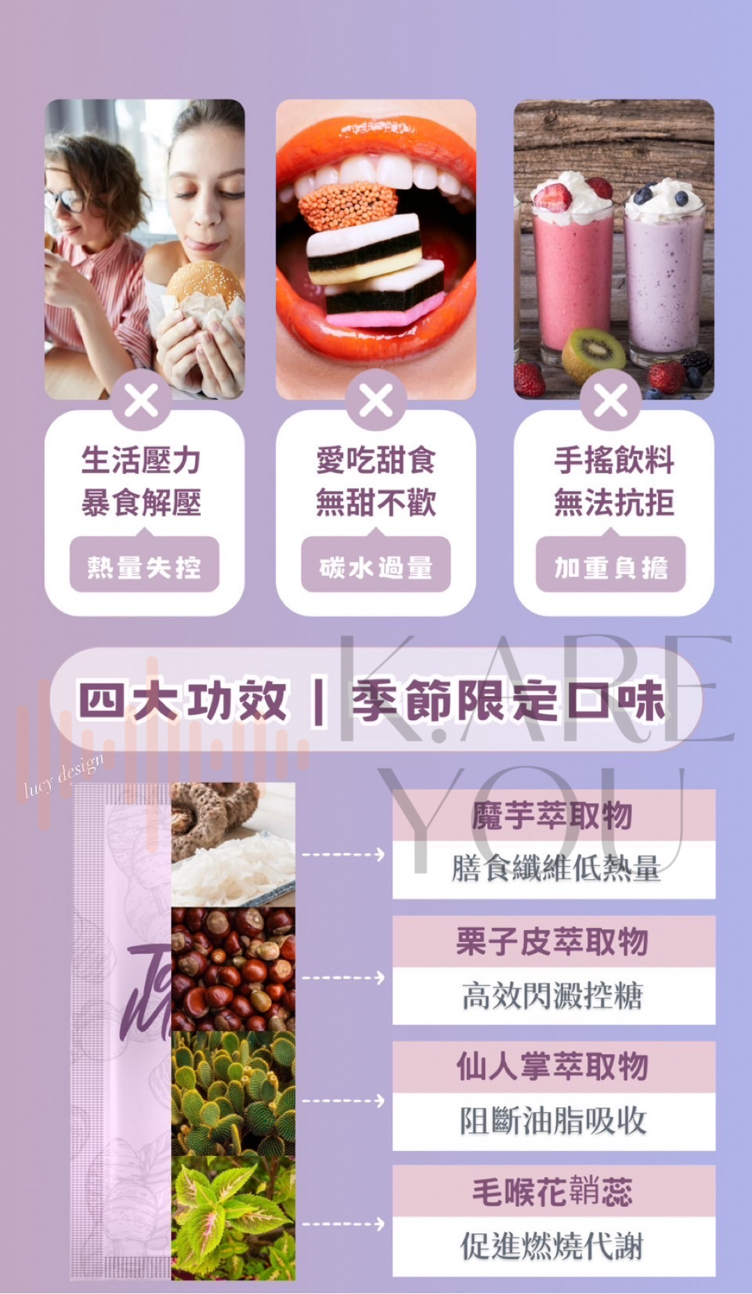 美神契約芋魔拿鐵，魔芋萃取物增加膳食纖維低熱量，栗子皮萃取物可高效控醣，仙人掌萃取物可阻隔油脂吸收，促進代謝燃燒