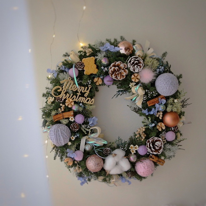 可愛小熊雪松聖誕花圈 粉紫色裝飾 32CM永生聖誕花圈