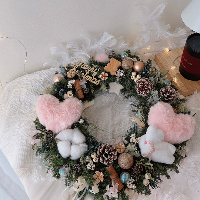 可愛小熊雪松聖誕花圈 愛心夢幻兔裝飾 32CM永生聖誕花圈