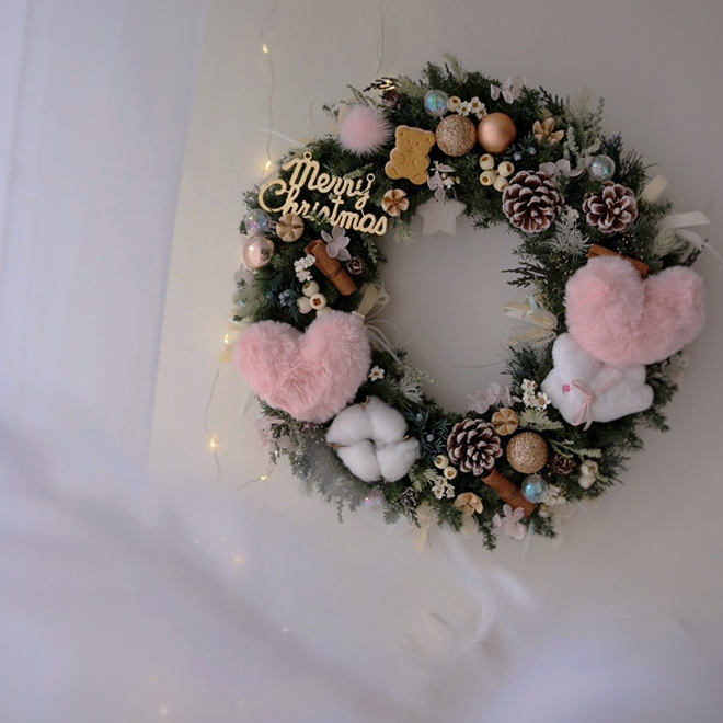 可愛小熊雪松聖誕花圈 愛心夢幻兔裝飾 32CM永生聖誕花圈