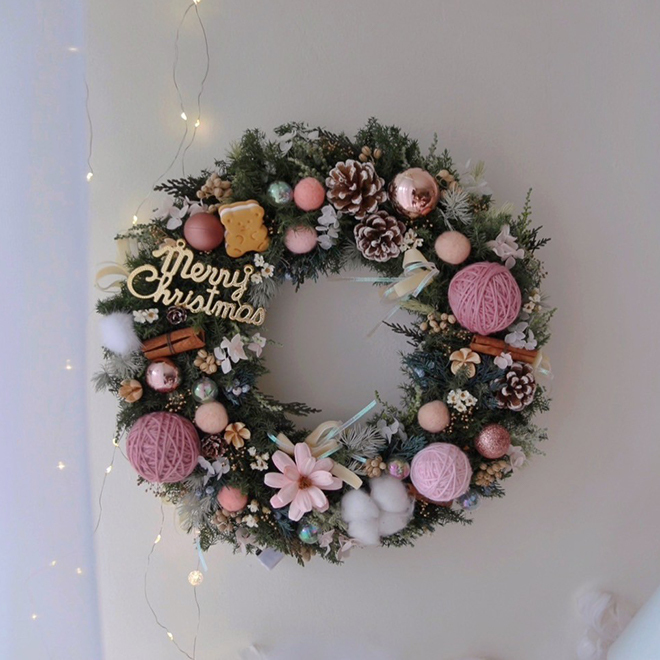 可愛小熊雪松聖誕花圈 韓粉色裝飾 32CM永生聖誕花圈