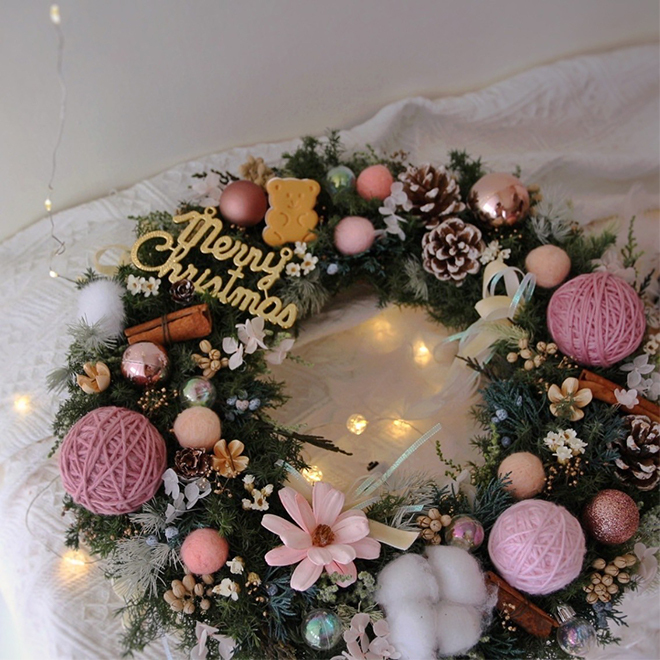 可愛小熊雪松聖誕花圈 韓粉色裝飾 32CM永生聖誕花圈