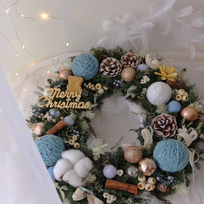 可愛小熊雪松聖誕花圈 晴山藍色裝飾 32CM永生聖誕花圈