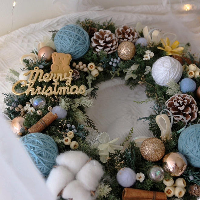 可愛小熊雪松聖誕花圈 晴山藍色裝飾 32CM永生聖誕花圈