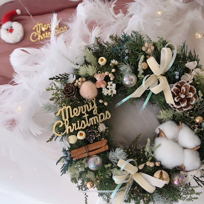 可愛小熊 雪松聖誕花圈 奶杏粉色裝飾 25CM永生聖誕花圈