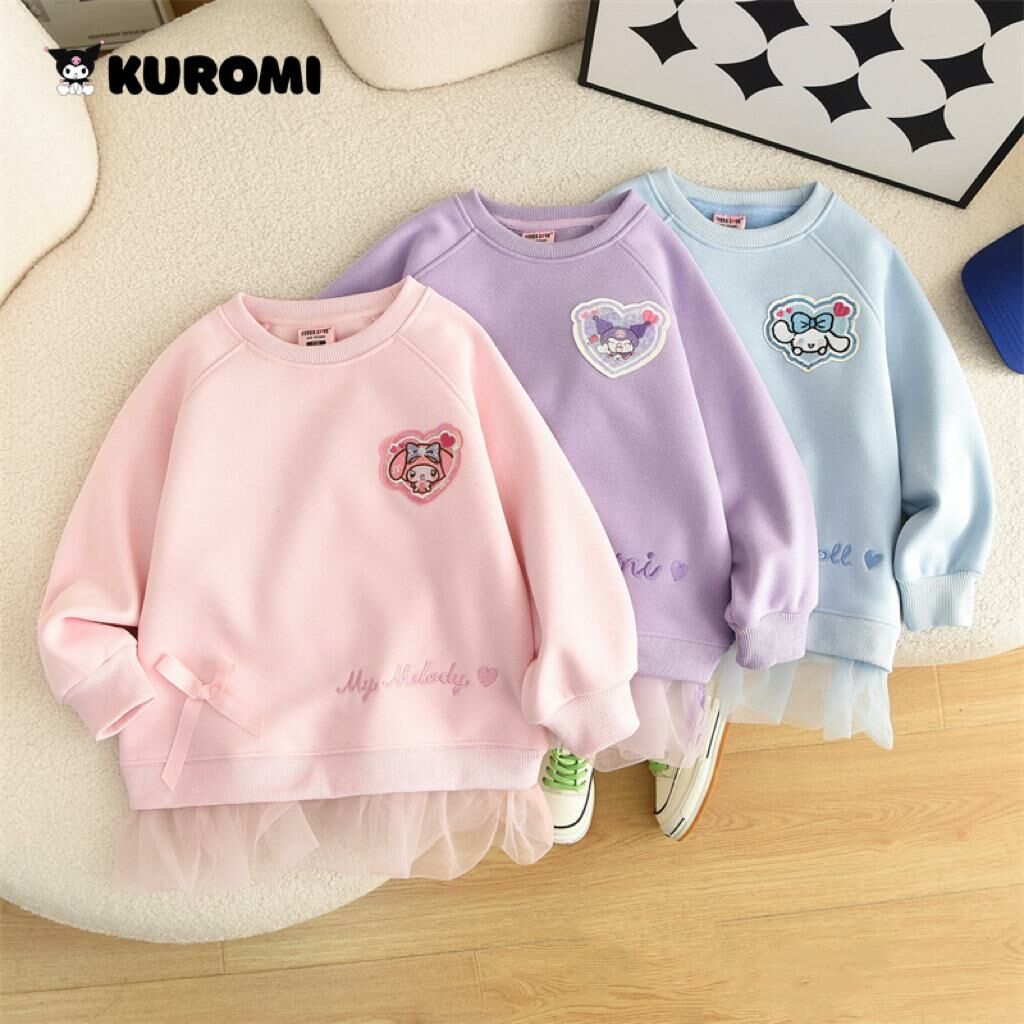 Sanrio卡通刺繡假兩件網紗加絨衛衣