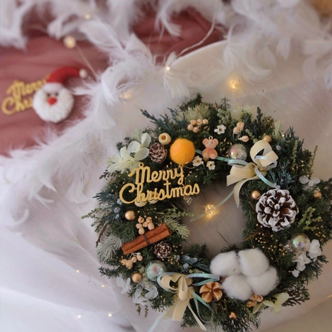 可愛小熊 雪松聖誕花圈 橙黃色裝飾 25CM永生聖誕花圈