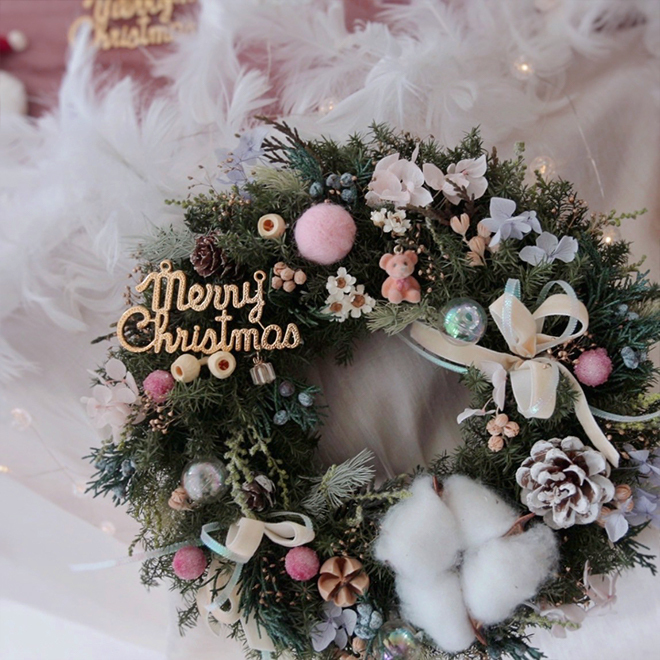 可愛小熊 雪松聖誕花圈 韓粉色裝飾 25CM永生聖誕花圈