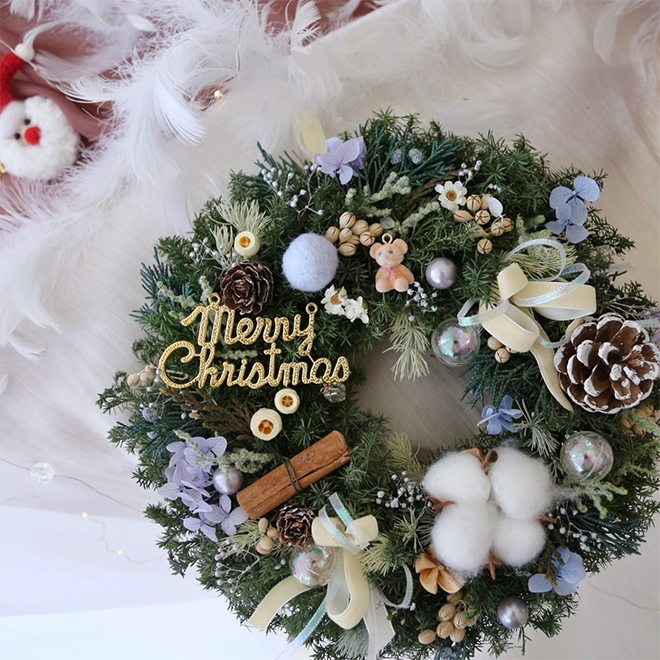 可愛小熊 雪松聖誕花圈 蔚藍色裝飾 25CM永生聖誕花圈