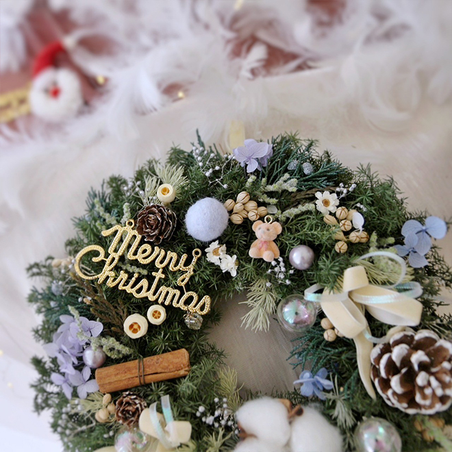 可愛小熊 雪松聖誕花圈 蔚藍色裝飾 25CM永生聖誕花圈