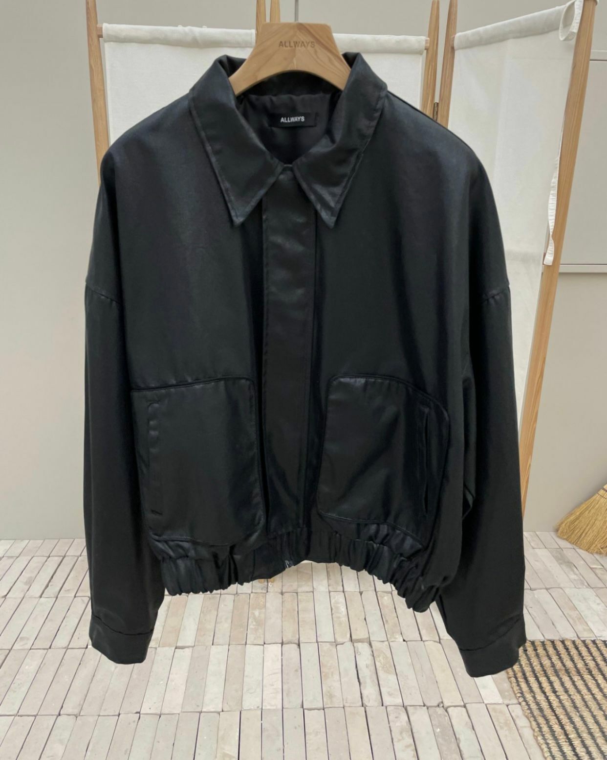 反領亮面拉鍊合成皮褸 ALLWAYS-001JK