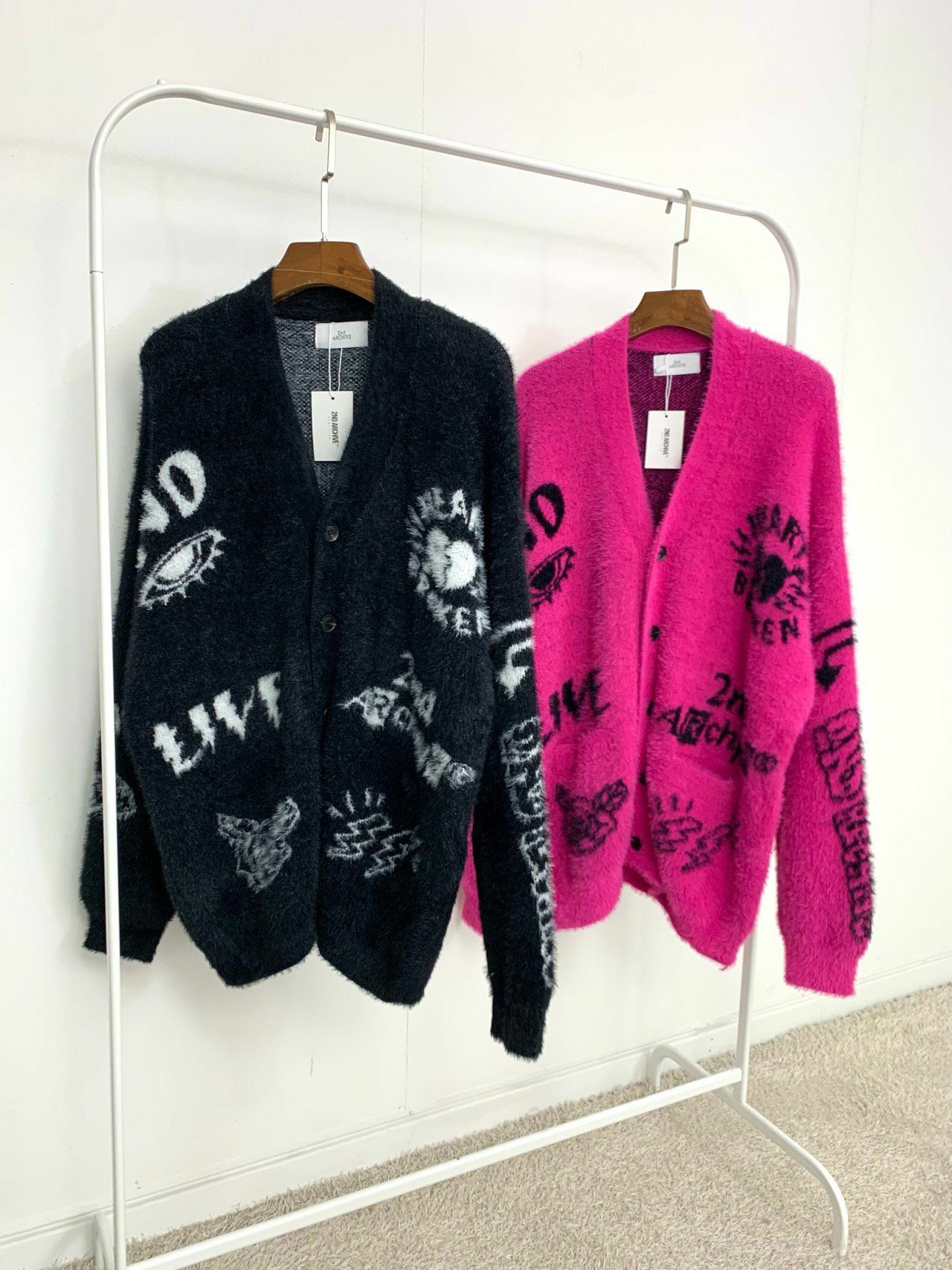 英文字圖案開胸毛毛針織外套 2nd ARCHIVE-070JK