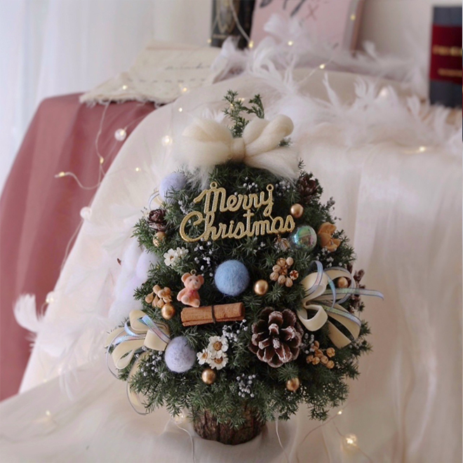 可愛小熊雪松聖誕樹 蔚藍色裝飾 25CM永生聖誕樹