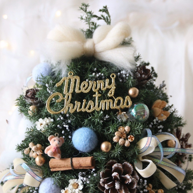 可愛小熊雪松聖誕樹 蔚藍色裝飾 25CM永生聖誕樹