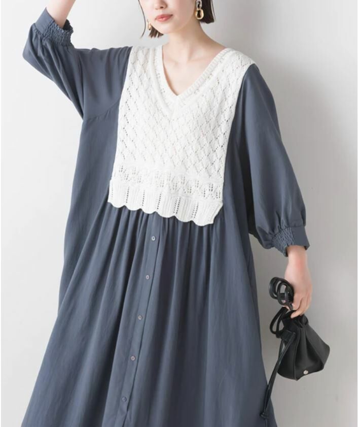 ｛Special Price｝鉤針針織假兩件疊層連身裙【日本直送】