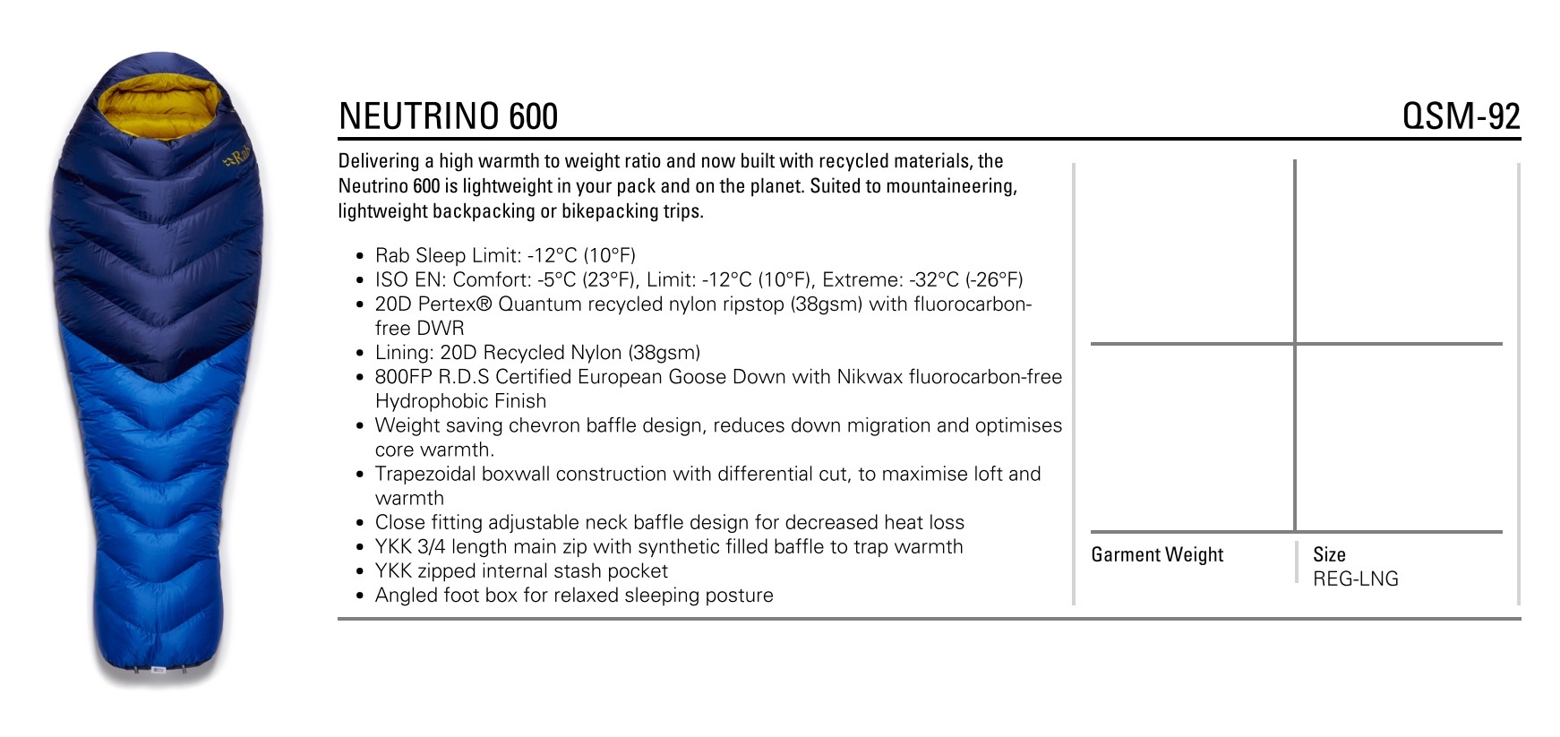 Rab 羽絨睡袋 - Neutrino 600 #WZ ( Wide Version ) #Goose Down #Made in The UK