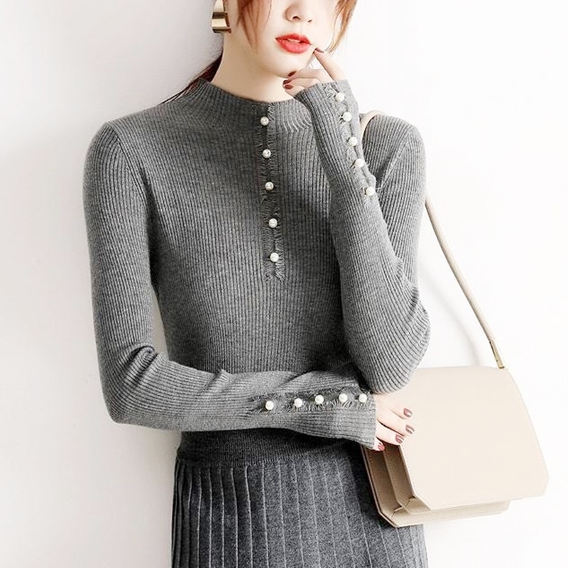 珍珠抽鬚針織上衣 灰色