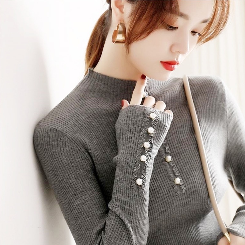 珍珠抽鬚針織上衣 灰色