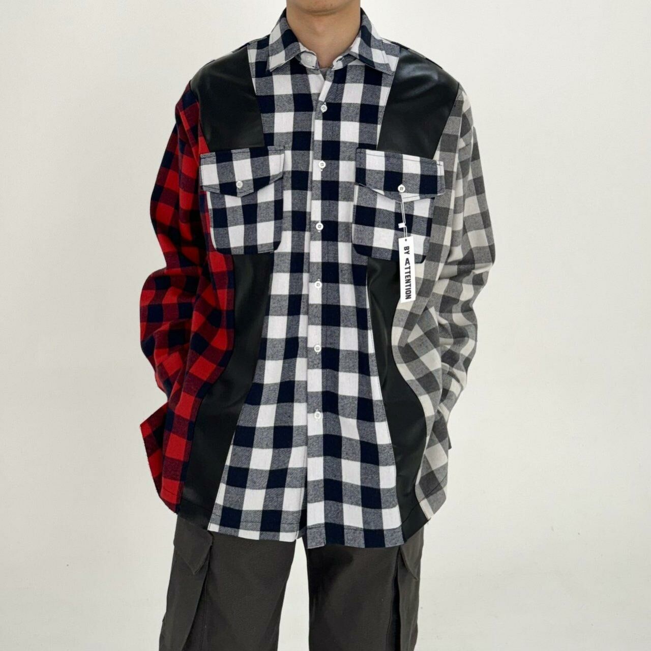 拼色格仔長袖恤衫 BY ATTENTION-100JK