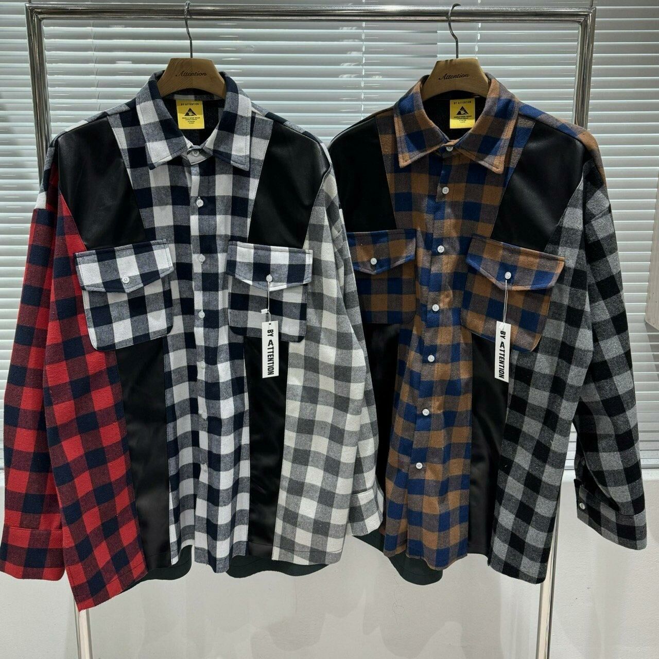 拼色格仔長袖恤衫 BY ATTENTION-100JK