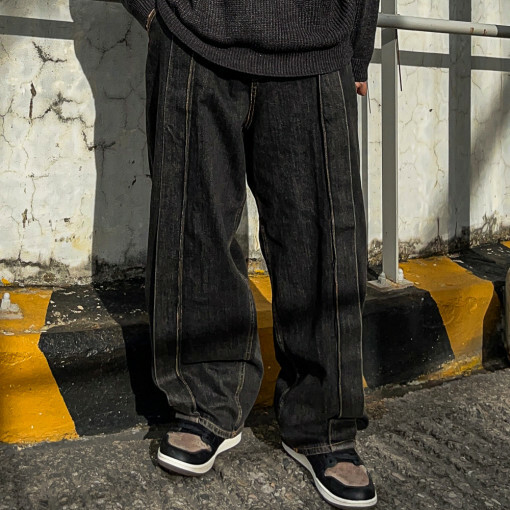 細褶側釦牛仔褲