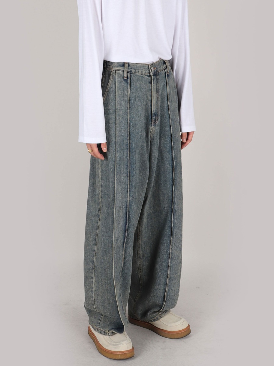 細褶側釦牛仔褲