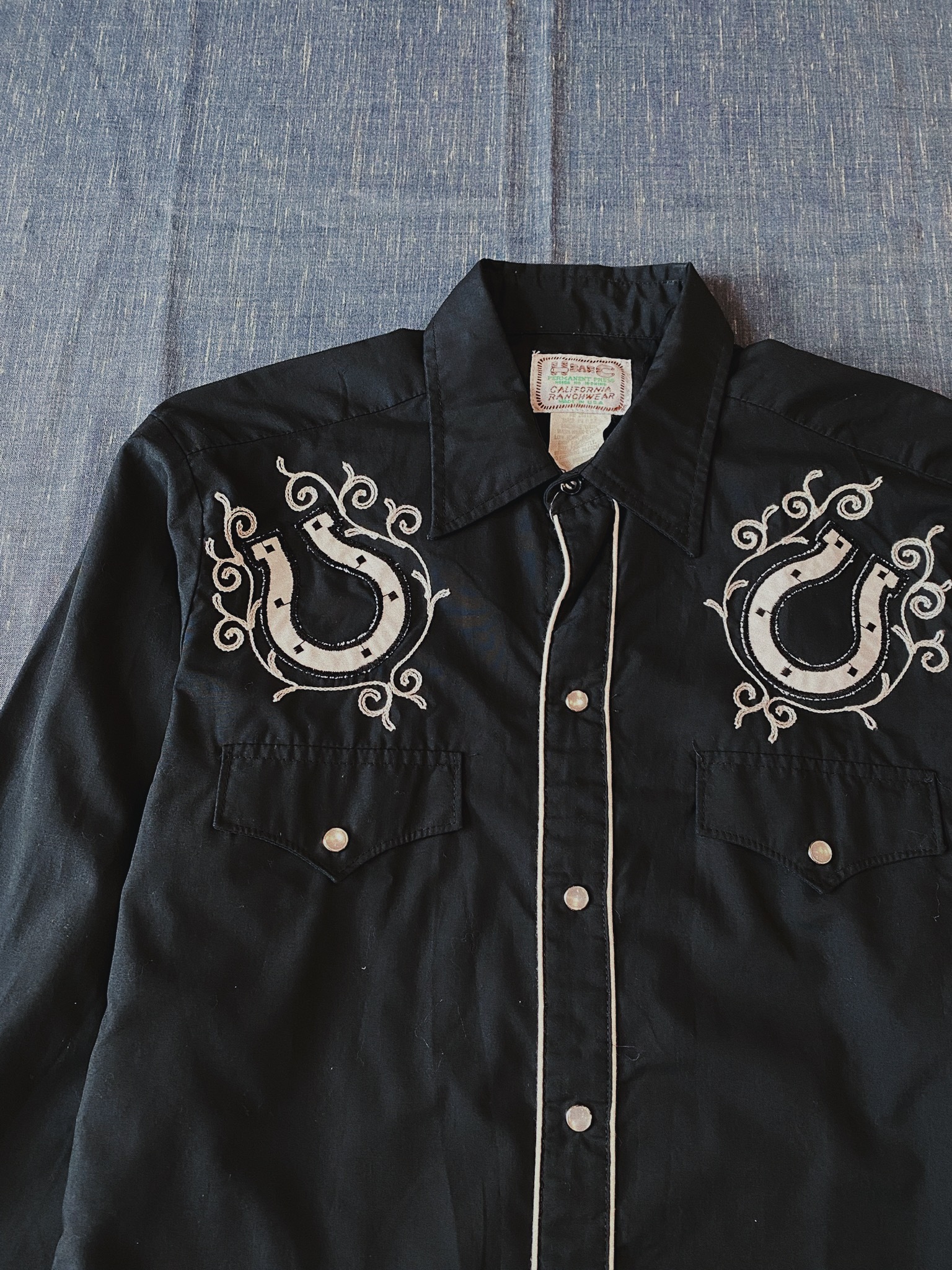 70s USA Western Shirt /美國製 H Bar C珍珠釦西部襯衫-黑色馬蹄鐵