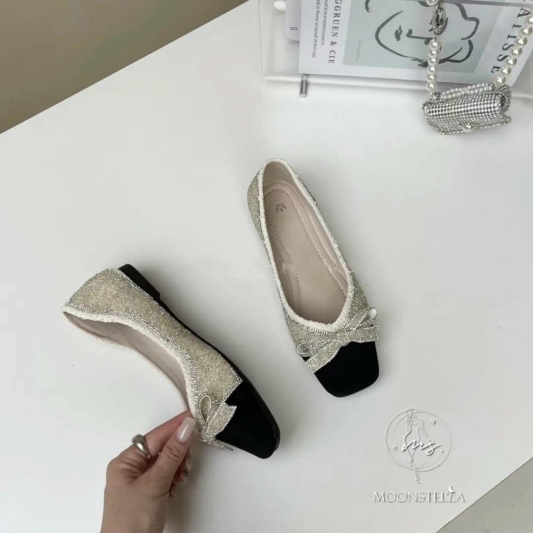 閃耀蝴蝶結真皮娃娃鞋