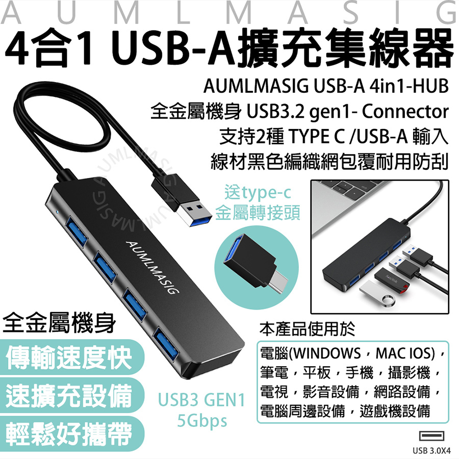 【AUMLMASIG】4合1 USB-A擴充隨身集線器 USB-A 4in1-HUB 全金屬機身 USB3.2 gen1-Connector 支持2種TYPE C /USB-A 輸入 線材黑色編織網包覆耐用防刮 送type-c金屬轉接頭/全金屬機身/傳輸速度快/速擴充設備/輕鬆好攜帶