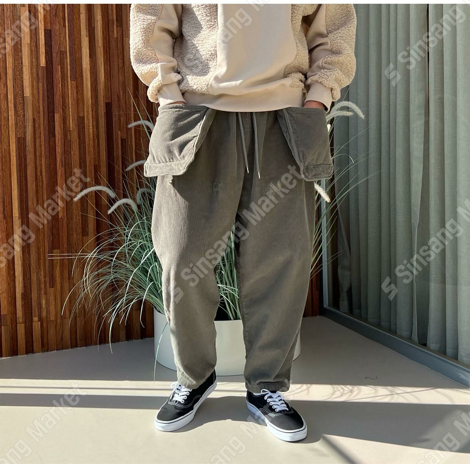 前工裝口袋拉絨燈芯絨氣球褲