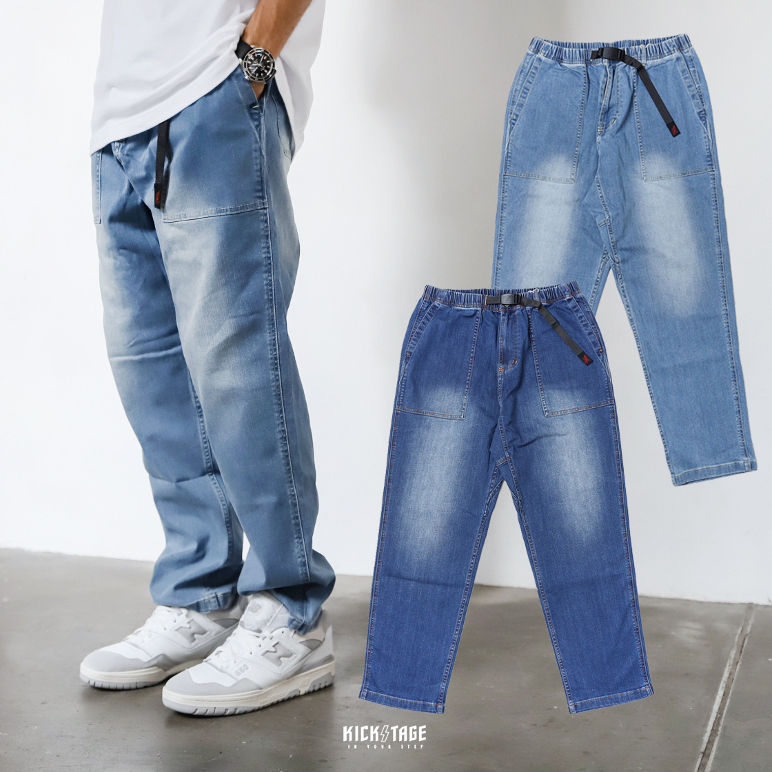 **特價商品售出不退換**GRAMICCI TAPERED RIDGE PANTS  淺單寧 深單寧 腰帶 大口袋 休閒 牛仔 長褲 錐型褲【G3FU-P052-MU】【G3FU-P052-DU】