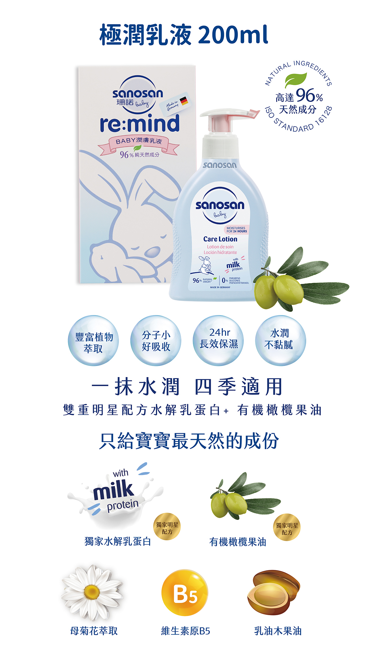 最premium寶寶保養品,添加珍稀水解乳蛋白精華 。經德國醫學測試認證,零防腐劑、人工香精,baby洗髮沐浴二合一,溫和清潔並舒緩滋養寶寶敏弱肌膚