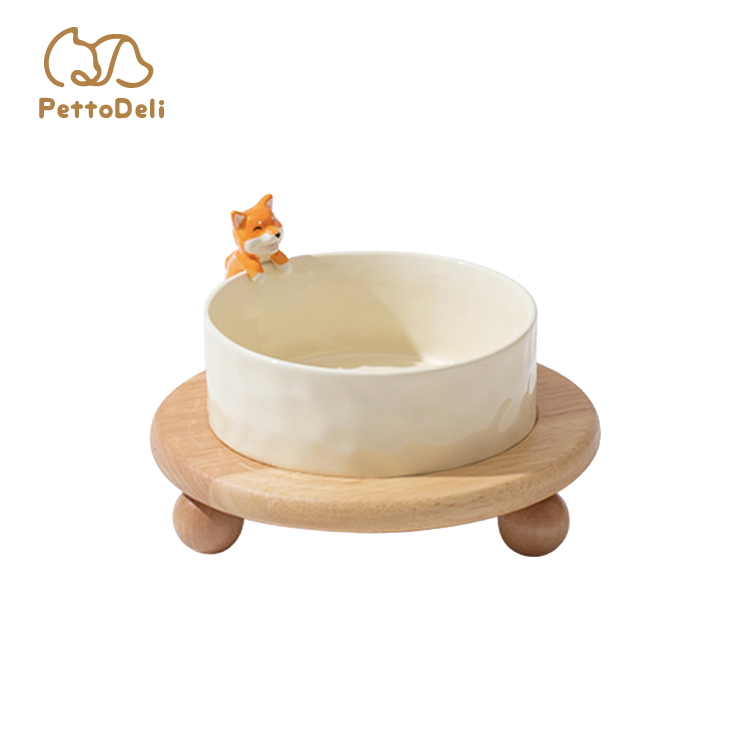 PettoDeli |15cm 陶瓷製柴犬造型碗 連圓盤四腳小木托
