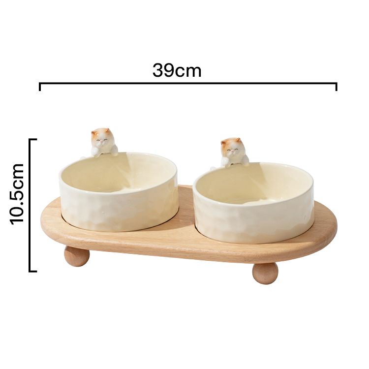 PettoDeli |15cm 陶瓷製貓咪造型 雙碗 連圓盤四腳小木托