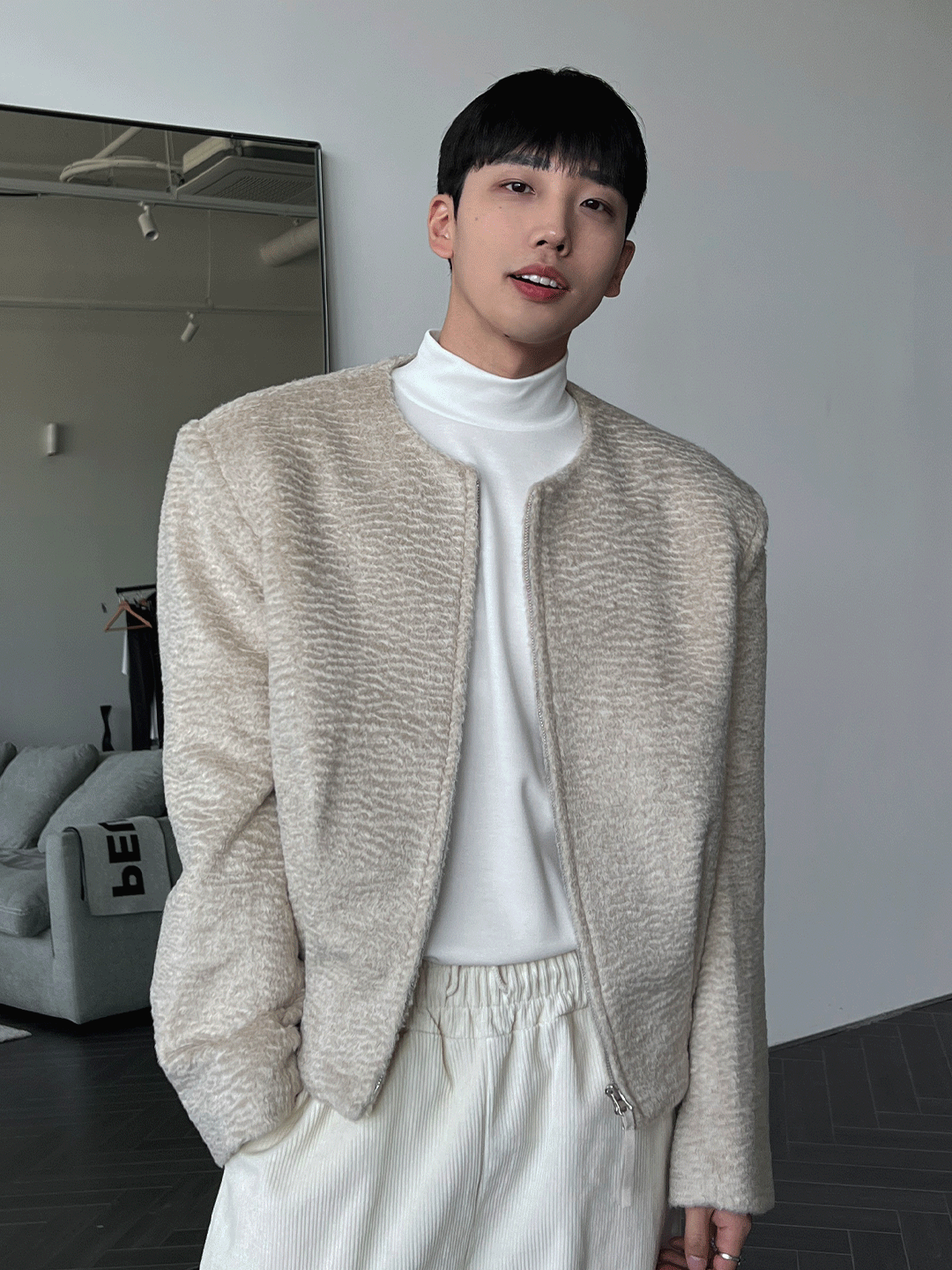 髮絲紋馬海毛束腰夾克