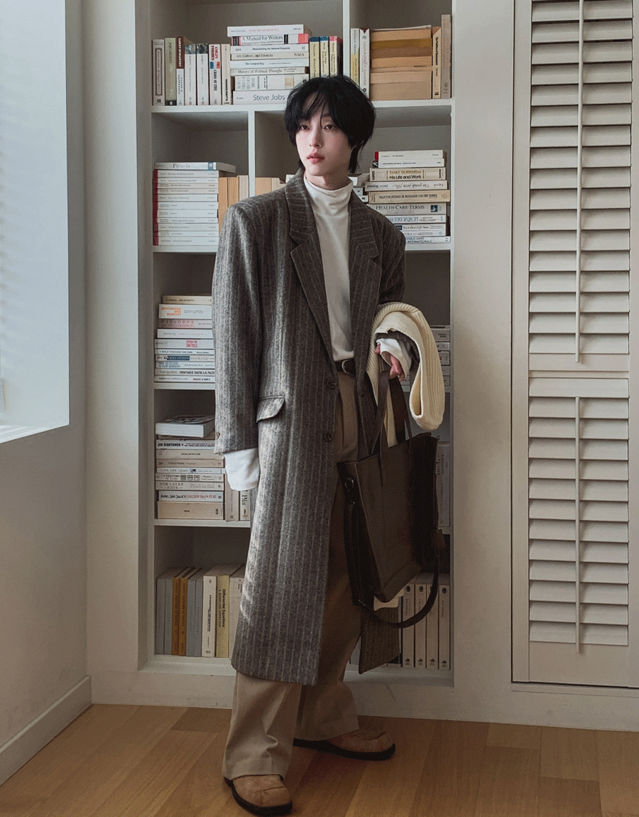 蕾絲條紋羊毛大衣