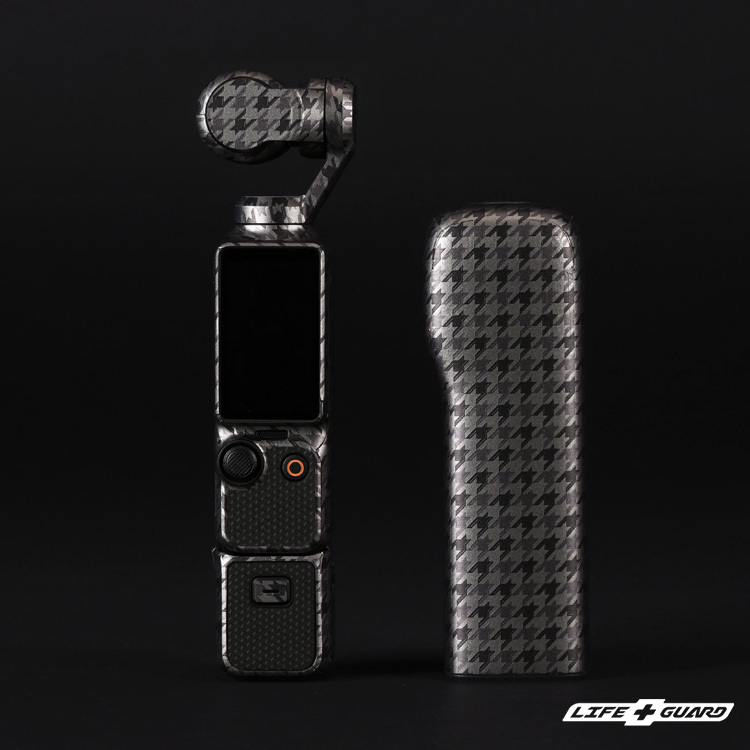 DJI Osmo Pocket 3 貼膜質感特寫，LIFE+GUARD 設計風格