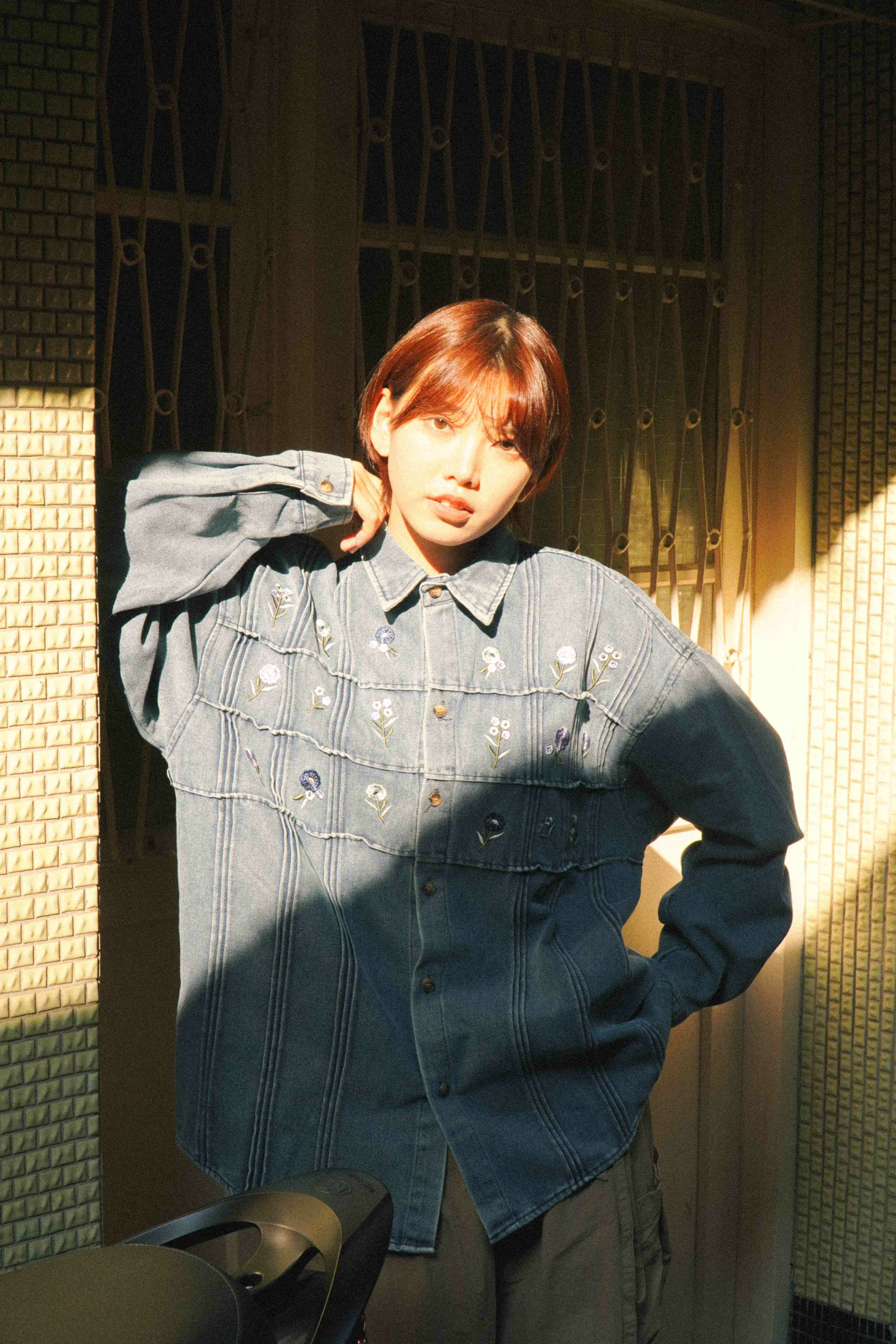 『Always_Good』花花草草 刺繡 拼接 牛仔 長袖襯衫