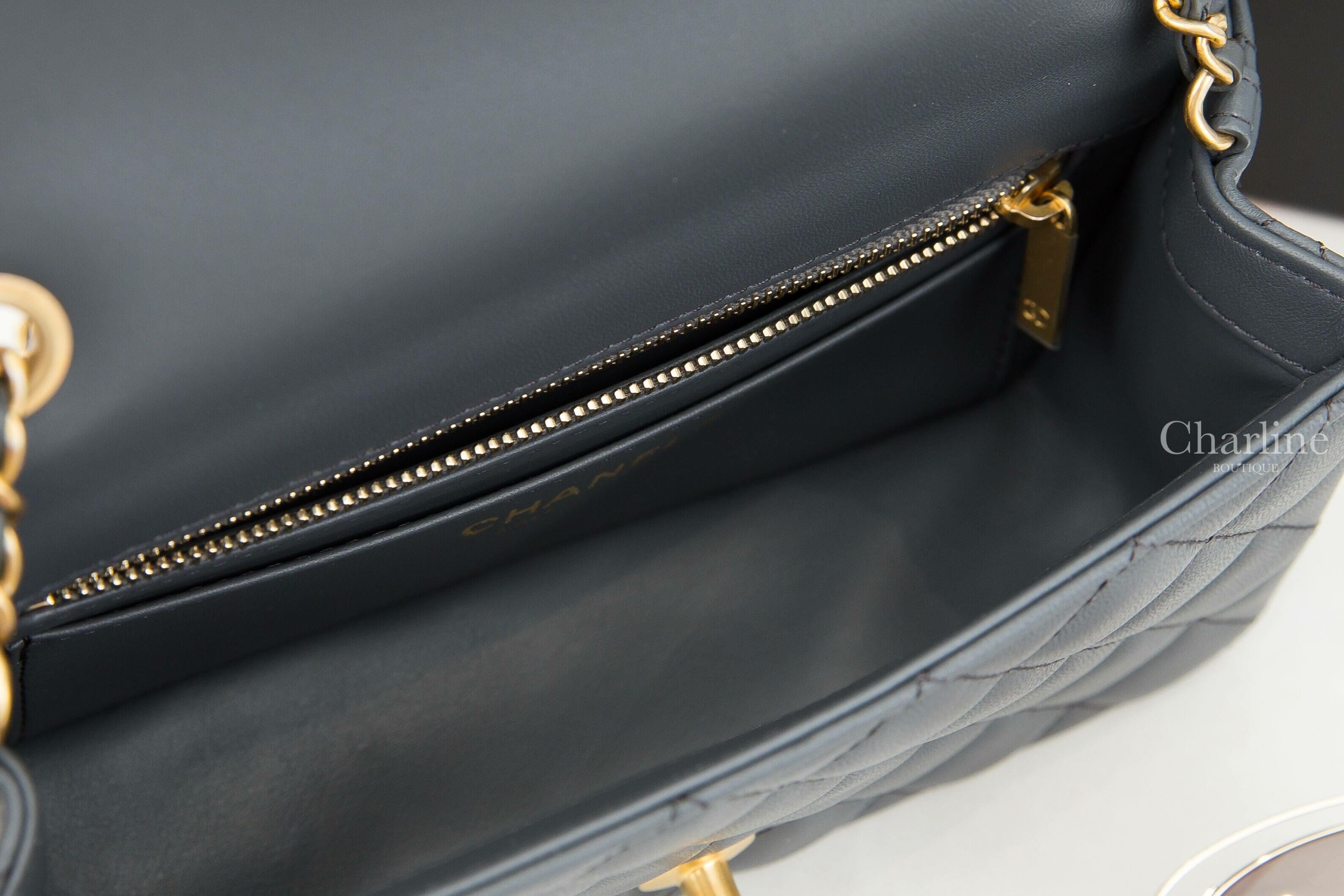 Chanel Flap Bag 鐵灰色金CC金色小珠鍊帶20cm小羊皮菱格紋肩背包-Charline Boutique 精品代購
