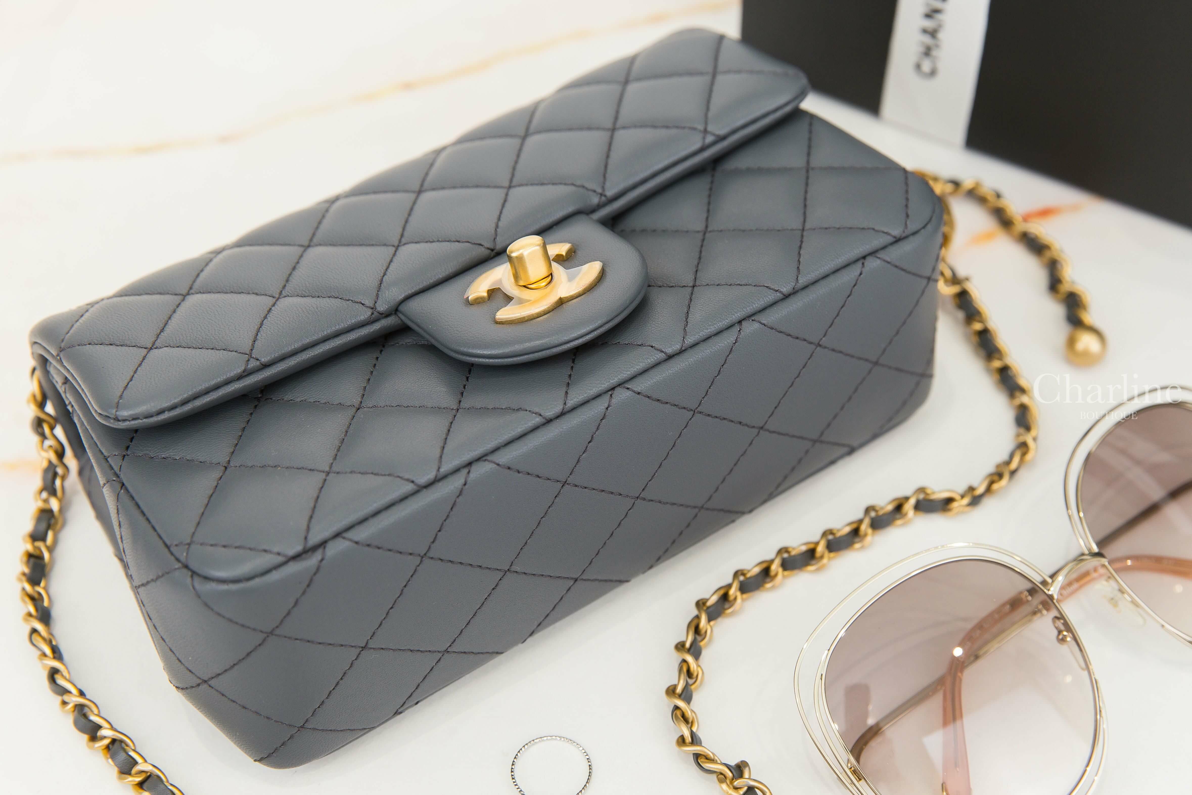 Chanel Flap Bag 鐵灰色金CC金色小珠鍊帶20cm小羊皮菱格紋肩背包-Charline Boutique 精品代購