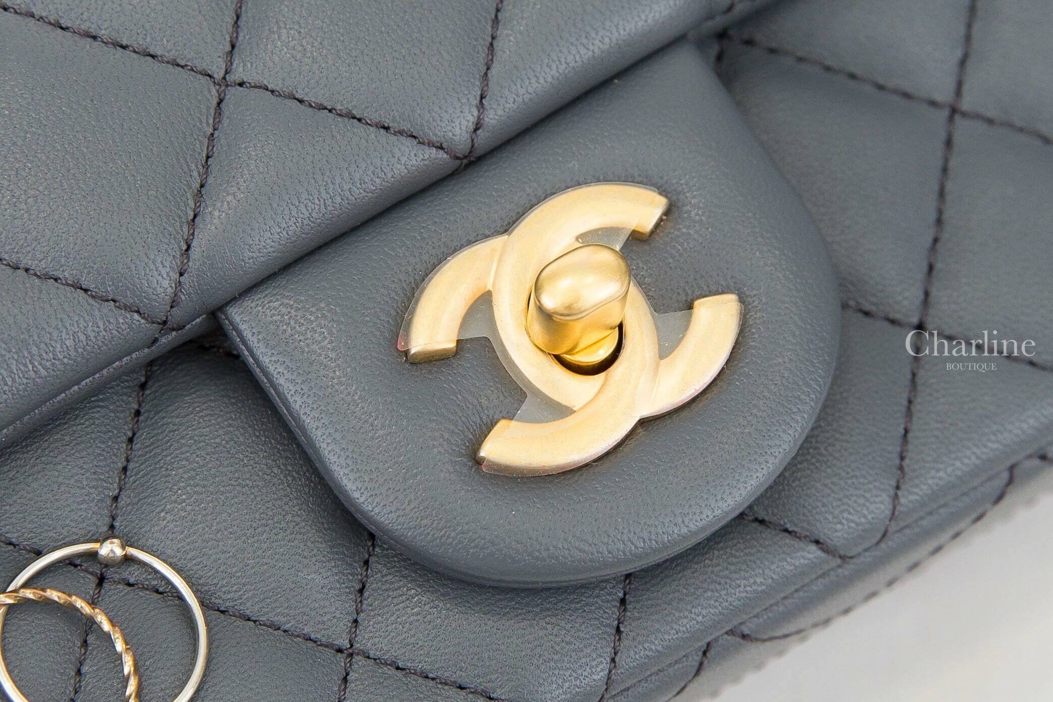 Chanel Flap Bag 鐵灰色金CC金色小珠鍊帶20cm小羊皮菱格紋肩背包