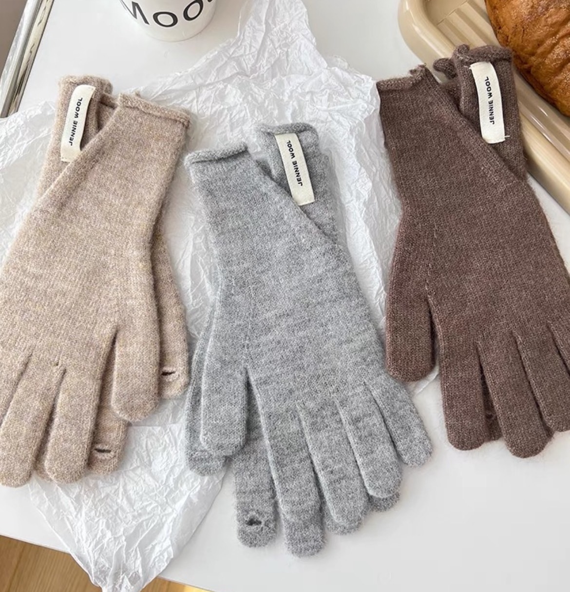 羊絨小標捲邊針織開衩手套/六色