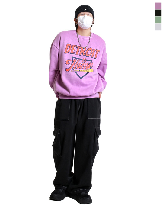 底特律顏料水洗寬鬆雙面拉絨運動衫大學T