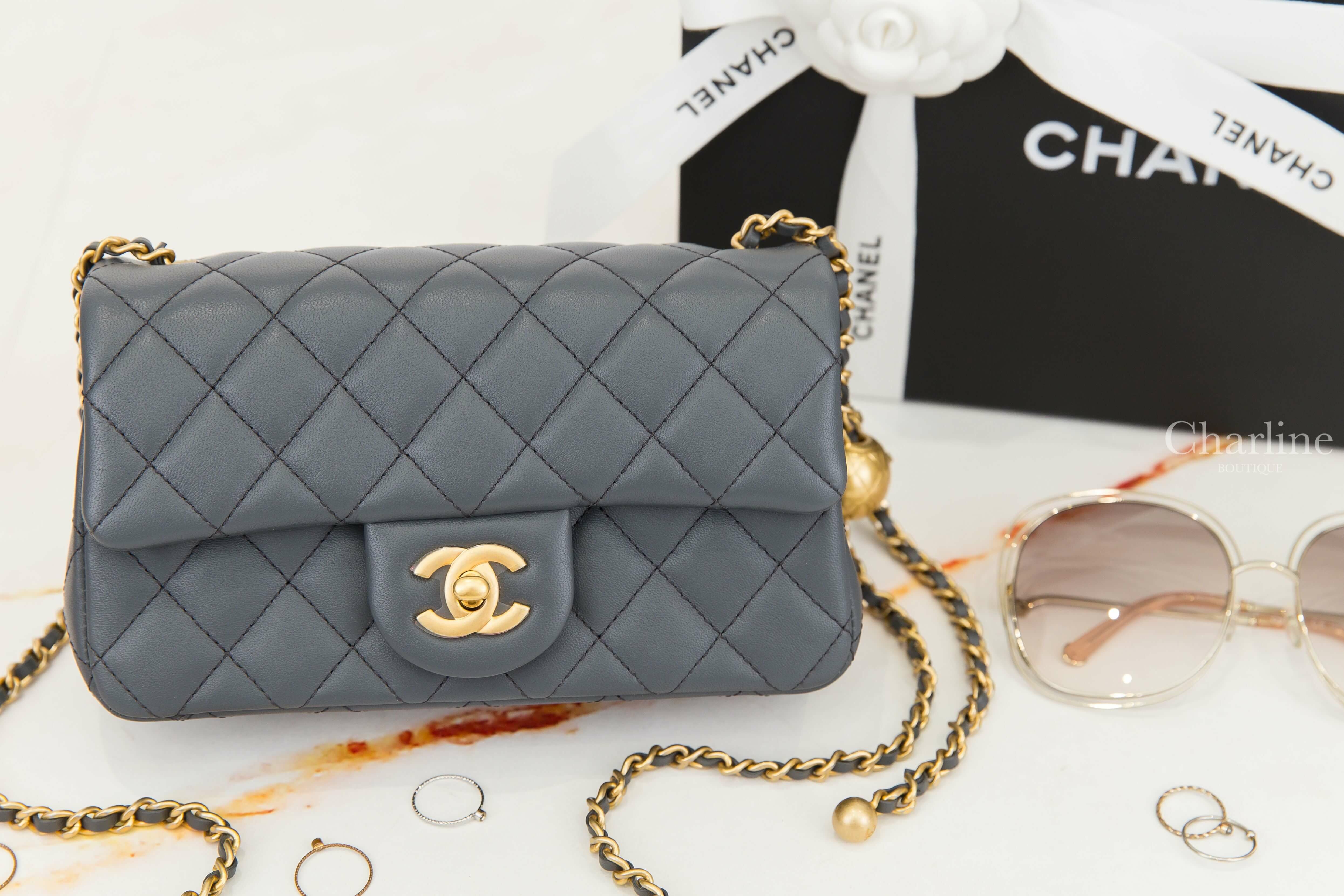 Chanel Flap Bag 鐵灰色金CC金色小珠鍊帶20cm小羊皮菱格紋肩背包