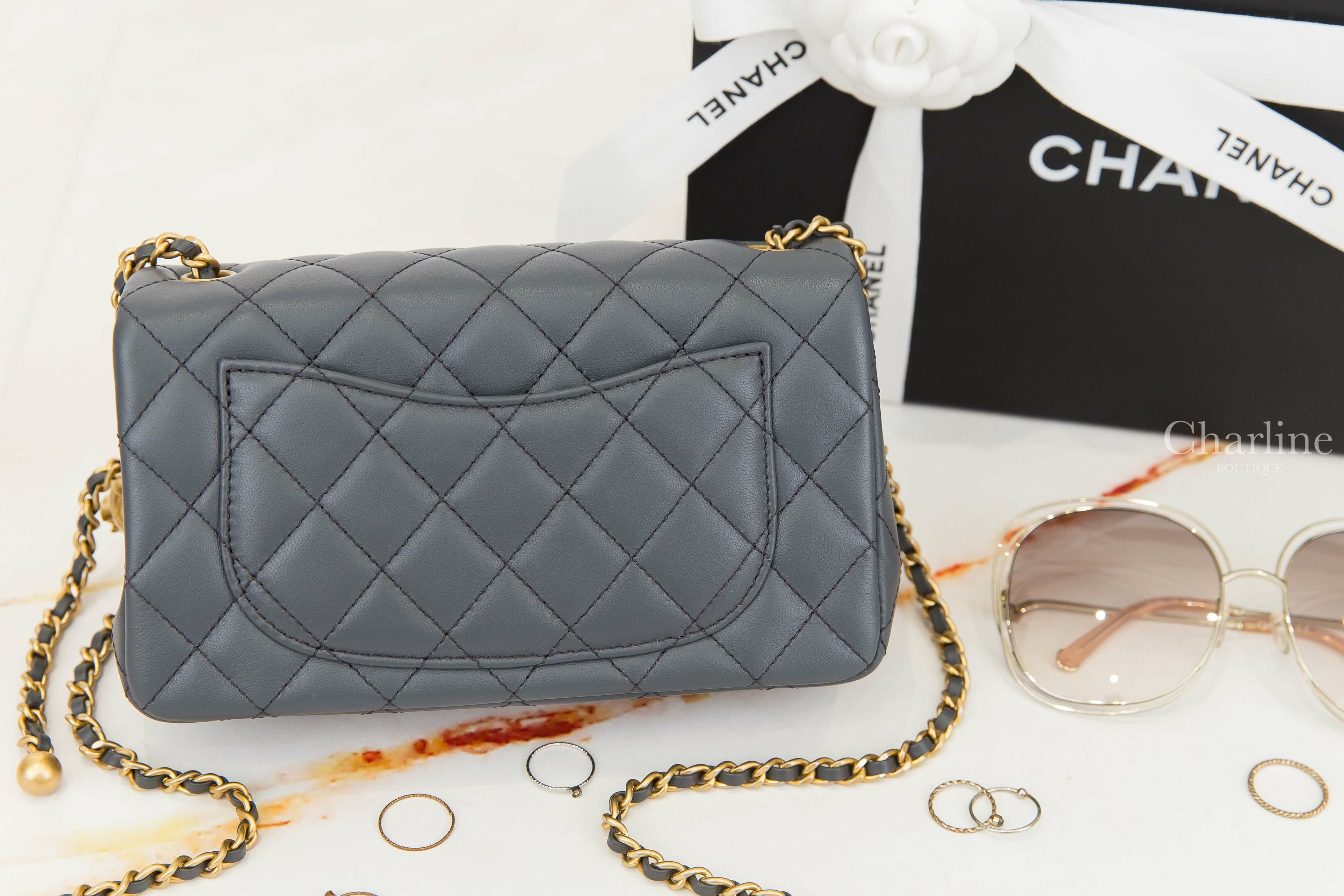 Chanel Flap Bag 鐵灰色金CC金色小珠鍊帶20cm小羊皮菱格紋肩背包-Charline Boutique 精品代購