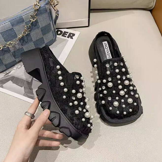 珍珠水鑽網紗包頭半拖鞋