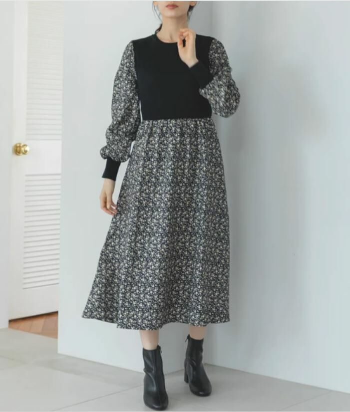 不同材質對接小碎花針織連身裙【日本直送】