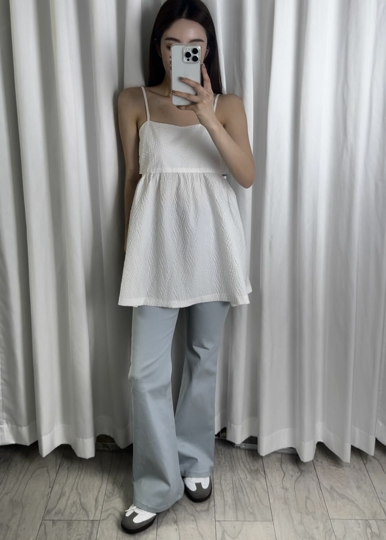 霧藍 瘦瘦喇叭牛仔長褲