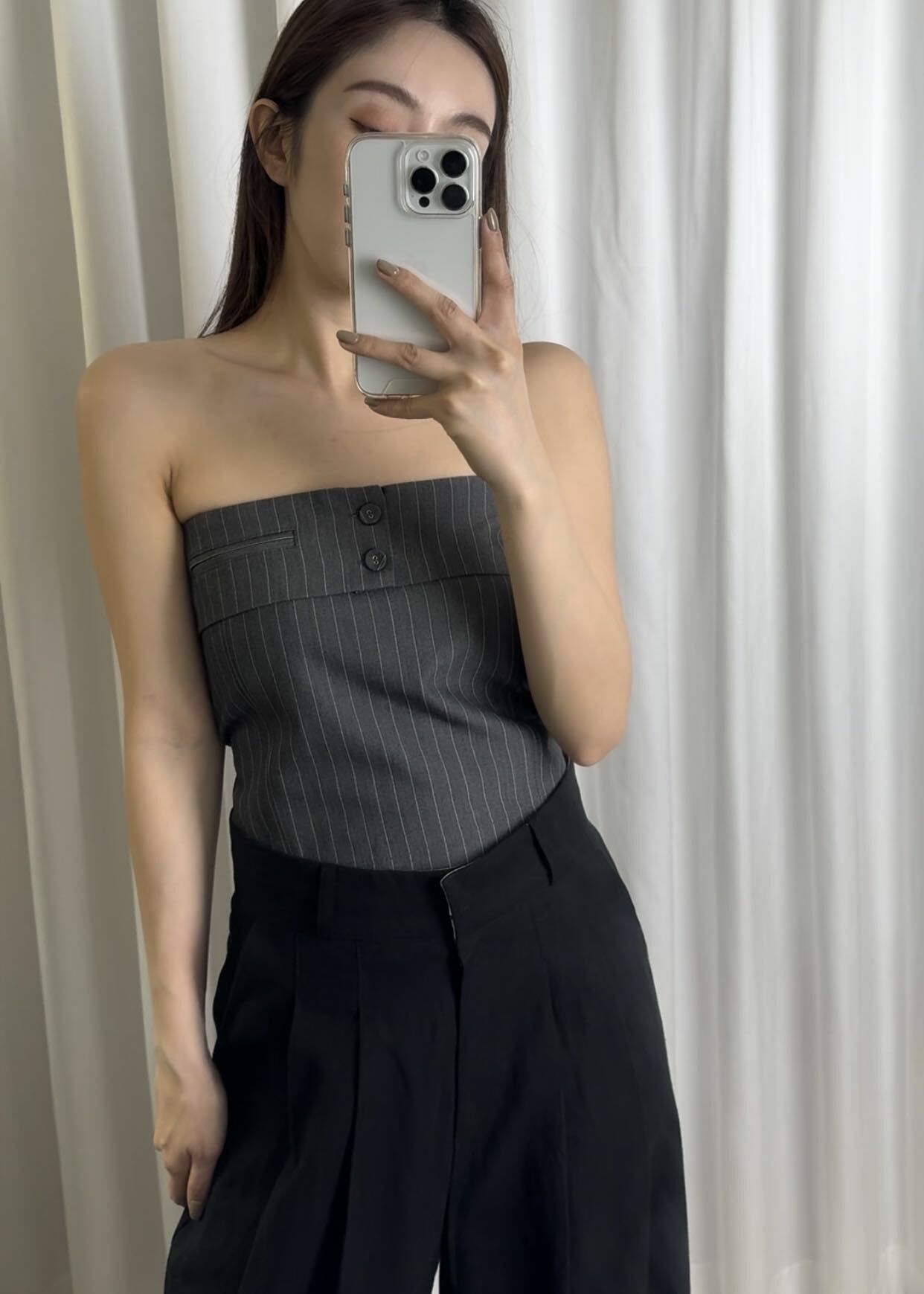 深灰條紋 翻領平口上衣