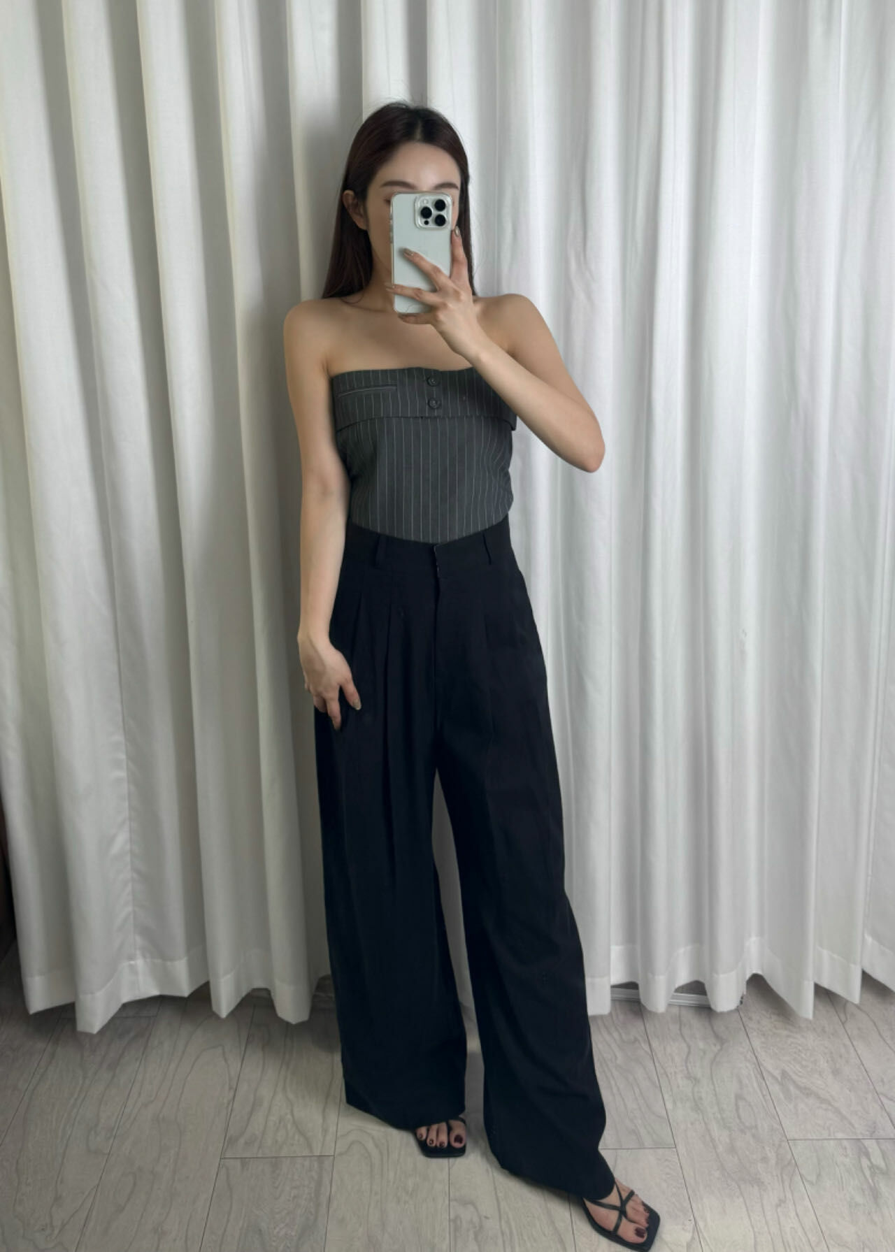 深灰條紋 翻領平口上衣